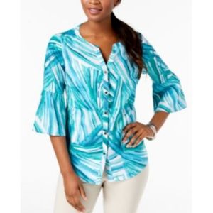 JM Collection Women's Linen Blouse Blue White 18
